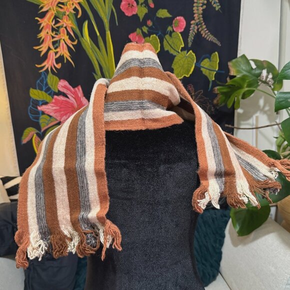 Ecuadorian 100% Wool Fringed Striped Scarf, Multi-Color Natural/Brown/Grey - Picture 6 of 10